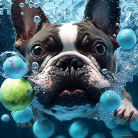 French bulldog swimming underwater with bubbles and balls in the water.の素材