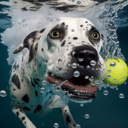 Dalmatian dog swimming in the pool under water with a tennis ballの素材