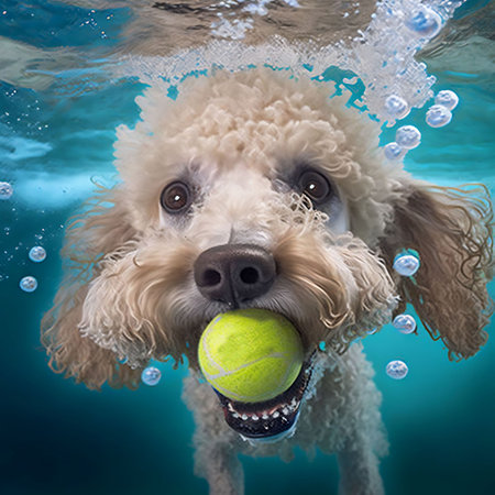 Dog playing with a tennis ball in the water. Collage.の素材