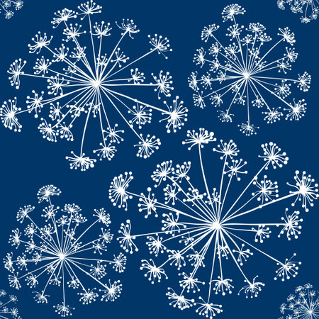 Image inflorescence dill on a blue background. Silhouette of plants. Seamless pattern.のイラスト素材