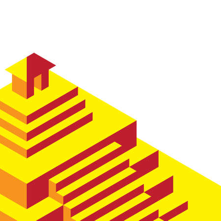 Bright isometric shapes on a white background. Stairs and the pyramid. Pagoda on the top.のイラスト素材