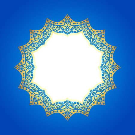 Gold frame on an abstract blue background. Openwork pattern. Round frame. Window.のイラスト素材