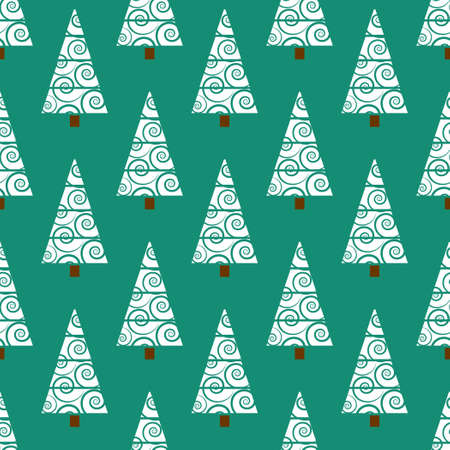 Original stylized fir tree on a green background. Floral seamless pattern. Curls.のイラスト素材