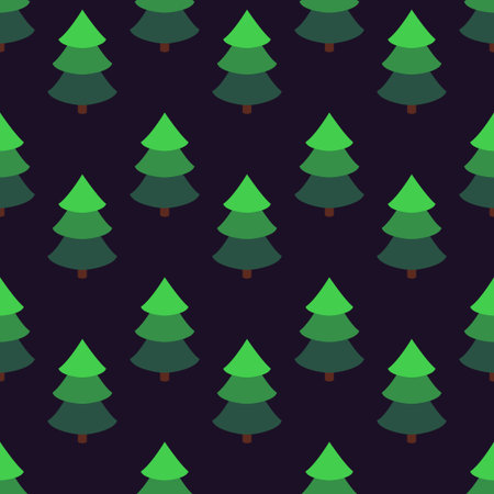 Bright fir tree in an isometric style on a dark background. Seamless pattern. Flat figures.