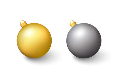 Gold and silver balls on white background. Decorating for Christmas trees.のイラスト素材