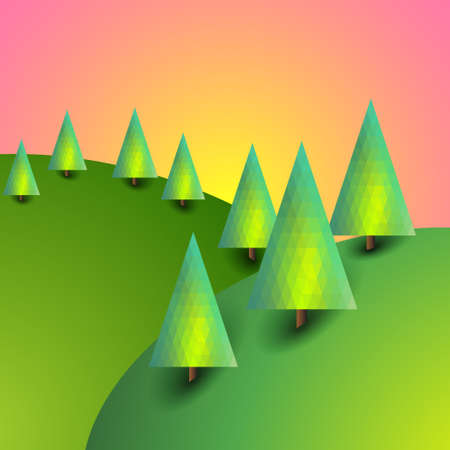 Landscape with sunset and trees. Bright summer picture. Outdoors.のイラスト素材