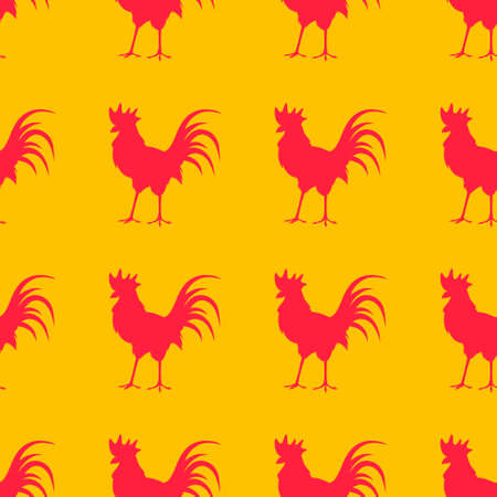 Seamless background with colorful poultry. Red rooster on a yellow background.のイラスト素材