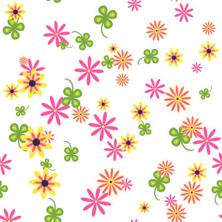 Seamless pattern of wild flowers on a white background. Warm bright colors. Fun mood.のイラスト素材