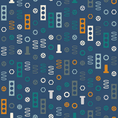 Seamless pattern with bright mechanical elements on a blue background. Clockwork.のイラスト素材