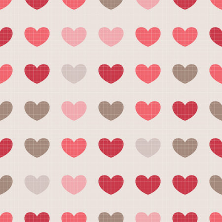 Seamless pattern with colorful hearts on beige background. Soft muted tones. The texture of the...