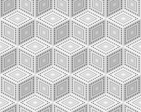 Seamless pattern from monochrome isometric cubes. Cuba on a white background. The pattern of dots and linesのイラスト素材
