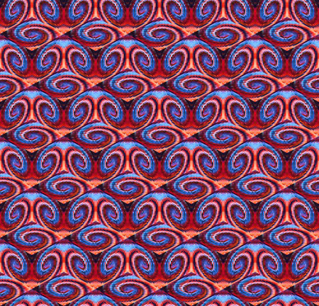 Seamless bright pattern. Spirals and cubic forms. Warm shades of red.