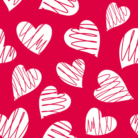 Romantic seamless pattern with cute images of hearts on a pink background. The style of children's...