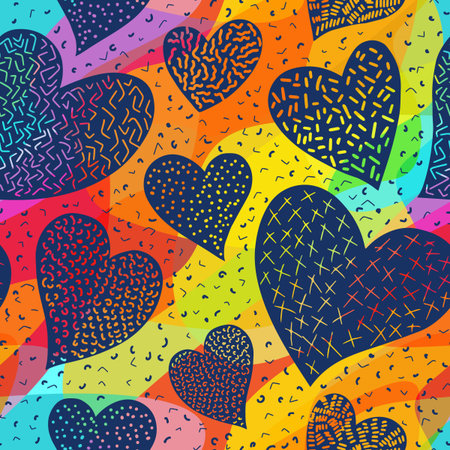 Romantic seamless pattern with cute images of hearts on a bright. The style of children's drawing....