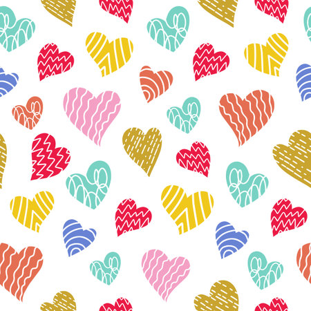Romantic seamless pattern with cute images of hearts with hand drawn texture. The style of...
