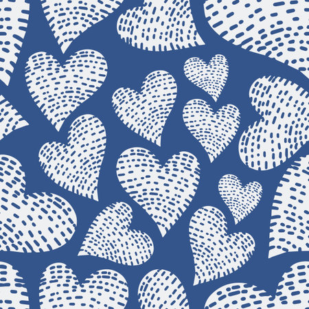 Romantic seamless pattern with cute images of hearts with hand drawn texture. The style of childrens...