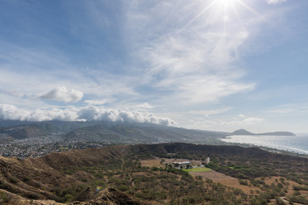 Beautiful aerial panoramic view from the top of the Diamond Head mountain on Oahu, Hawaiiの写真素材