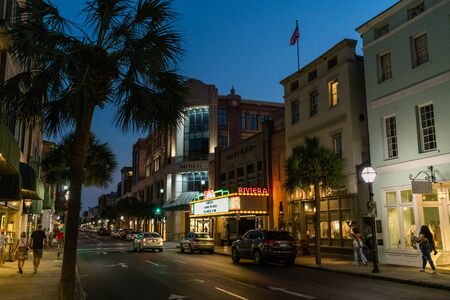 Beautiful brightly lit Charleston street at dusk, South Carolinaのeditorial素材