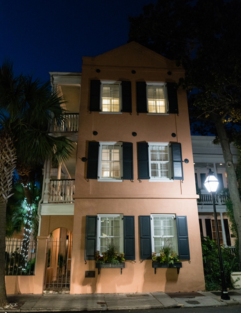 Quintessential Charleston building at night, South Carolinaのeditorial素材