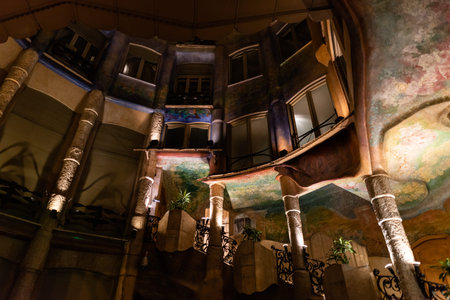 Scenic La Pedrera vista at night, Barcelona, Catalonia