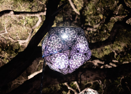 Enchanted forest of light - brightly illuminated intricate metal structure suspended in midair