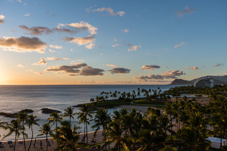 Beautiful panoramic west Oahu vista at sunset, Hawaiiの写真素材