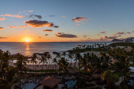 Beautiful panoramic west Oahu vista at sunset, Hawaiiの写真素材