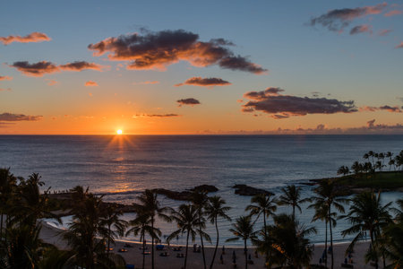Beautiful panoramic west Oahu vista at sunset, Hawaiiの写真素材