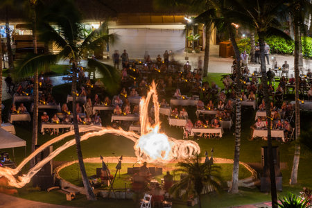 Luau and a fire dance performance at a resort on Oahu, Hawaiiのeditorial素材