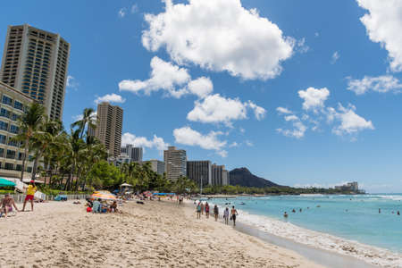Scenic Waikiki beach vista on a beautiful sunny day, Oahu, Hawaiiのeditorial素材