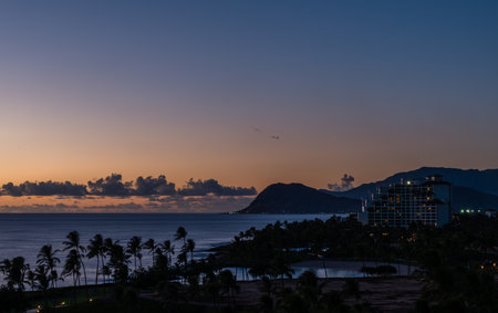 Beautiful panoramic west Oahu vista at sunset, Hawaiiの写真素材