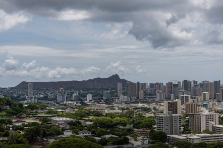 Scenic aerial Honolulu vista with the Diamond Head in the background on a rainy day, Oahu, Hawaiiの写真素材