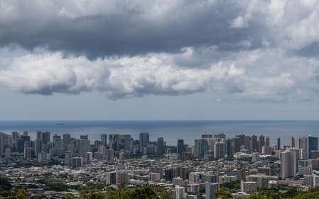 Scenic aerial Honolulu downtown vista on a rainy day, Oahu, Hawaiiの写真素材