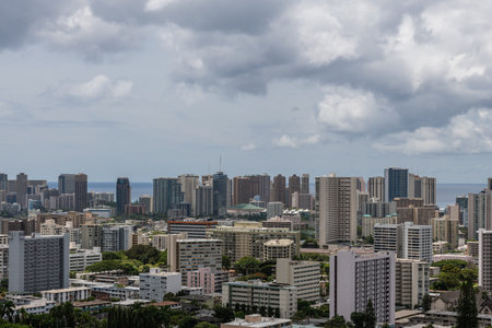 Scenic aerial Honolulu downtown vista on a rainy day, Oahu, Hawaiiの写真素材