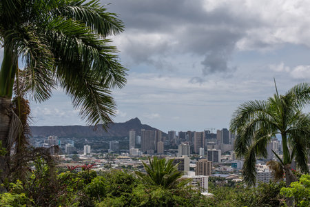 Scenic aerial Honolulu vista with the Diamond Head in the background on a rainy day, Oahu, Hawaiiの写真素材