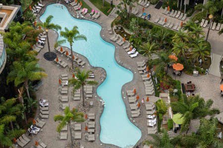 Scenic aerial view of an elaborate resort pool, San Diego, Southern Californiaのeditorial素材