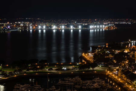 Scenic panoramic aerial San Diego Bay vista at night, Southern Californiaの写真素材