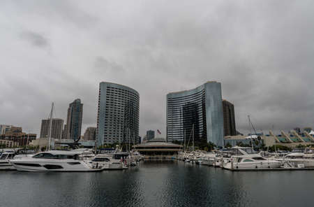 Scenic San Diego marina and downtown vista on a heavily overcast day, Southern Californiaのeditorial素材