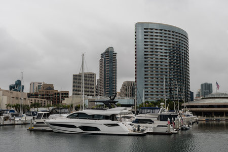 Scenic San Diego marina and downtown vista on a heavily overcast day, Southern Californiaのeditorial素材