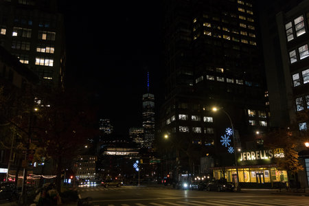 Night Manhattan scene during Christmas season, New York City