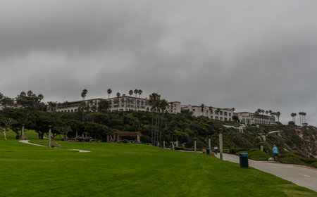 Beautiful Salt Creek Beach vista on a heavily overcast summer day, Dana Point, Orange County, Southern Californiaの写真素材