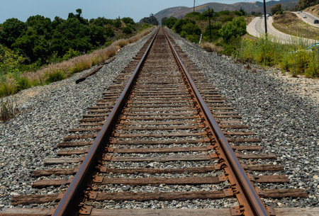 Scenic coastal railroad vista near Gaviota coastal area, Southern Californiaの写真素材
