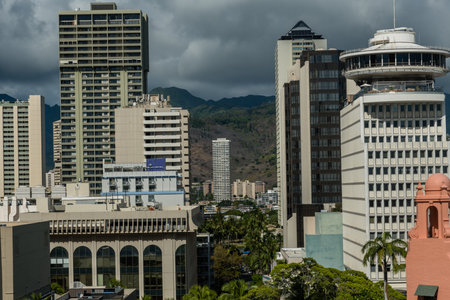 Scenic panoramic aerial Waikiki Beach vista, Honolulu, Oahu, Hawaiiの写真素材