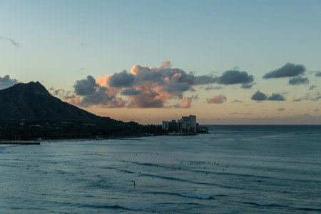 Beautiful panoramic aerial view of the Waikiki Beach and Diamond Head at sunset, Honolulu, Oahu,...