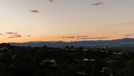 Scenic panoramic aerial San Fernando Valley vista at sunset, Los Angeles, Southern Californiaの写真素材
