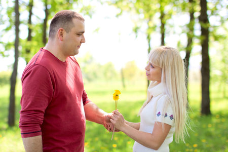 Portrait of love couple embracing outdoor in park looking happy  Man gifting flower to his girlの写真素材