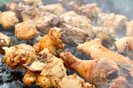 Preparing caucasus barbecue from chicken  Close up の写真素材