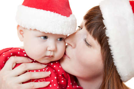 Mother and child smile and celebrate Christmasの写真素材