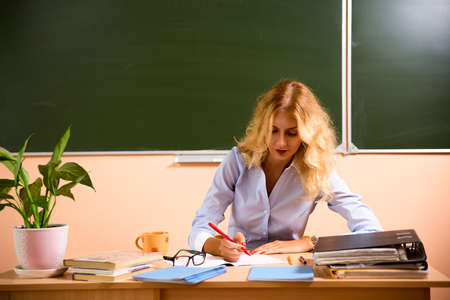Young pretty teacher checking the tests  Back to school concept の写真素材