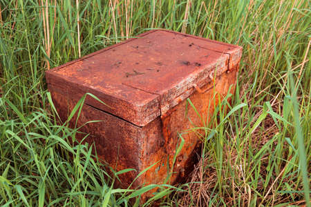 old rusty closed chest standing in the grassの写真素材